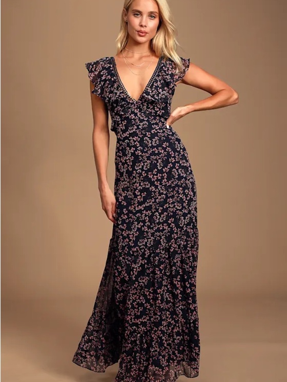 Lulus Darling Daydream Navy Blue Floral Print Ruffled Maxi Dress